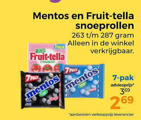 Mentos en Fruit-tella snoeprollen 263 t/m 287 gram Alleen in de winkel verkrijgbaar. 7-pak adviesprijs*