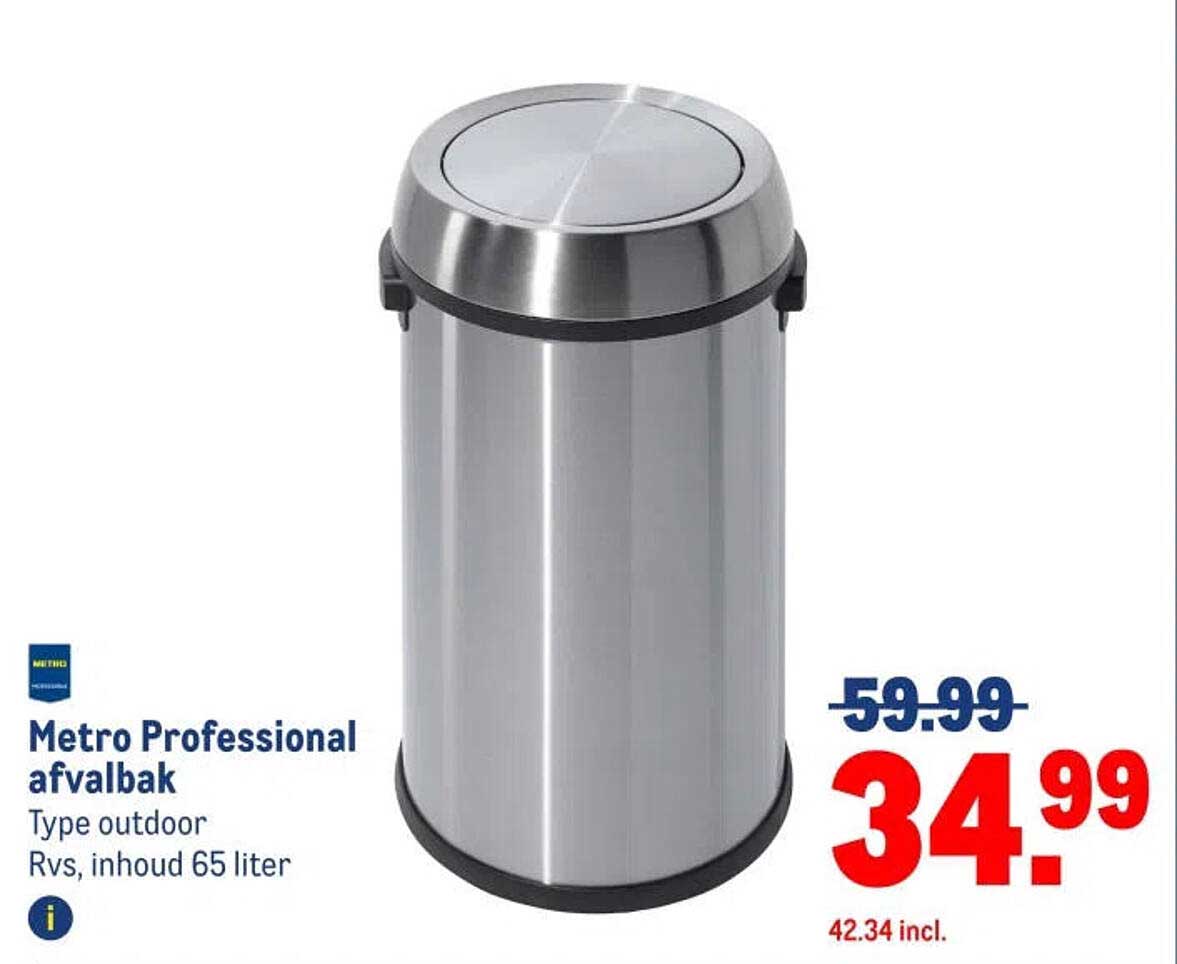 Metro Professional afvalbak Type outdoor Rvs, inhoud 65 liter