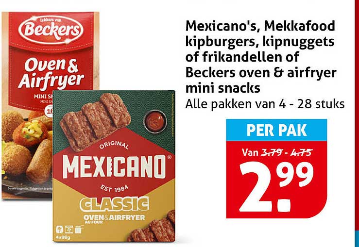 Mexicano's, Mekkafood kipburgers, kipnuggets of frikandellen of Beckers oven & airfryer mini snacks