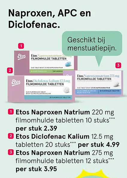 Naproxen, APC en Diclofenac.