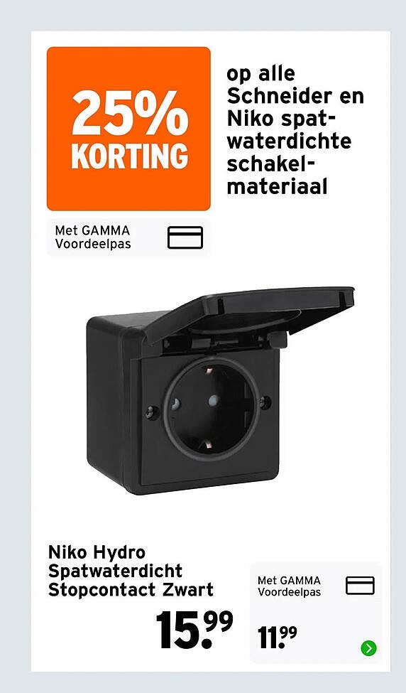 Niko Hydro Spatwaterdicht Stopcontact Zwart 25% korting op alle Schneider en Niko spatwaterdichte schakelmateriaal