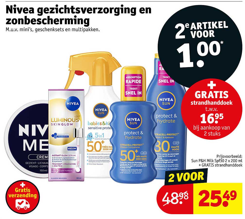 Nivea gezichtsverzorging en zonbescherming 2e artikel voor 1.00 + gratis strandhanddoek