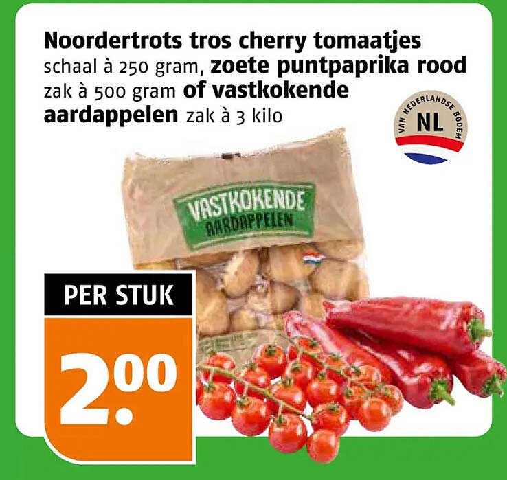 Noordertros tros cherry tomaatjes schaal à 250 gram, zoete puntpaprika rood zak à 500 gram of vastkokende aardappelen zak à 3 kilo