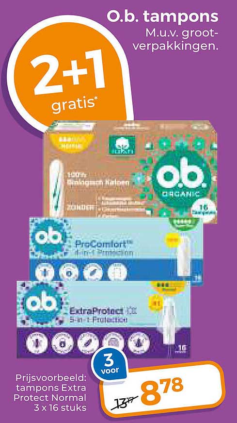 O.b. tampons M.u.v. groot-verpakkingen. 2+1 gratis*