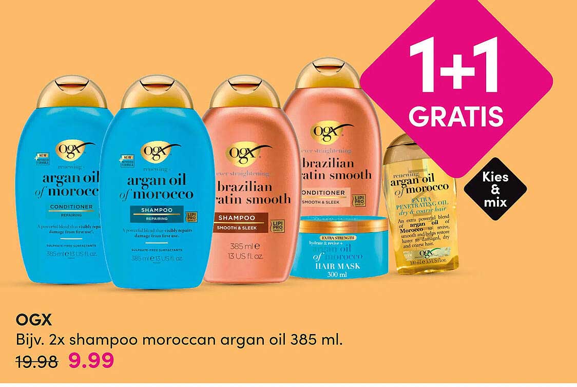 OGX Bijv. 2x shampoo moroccan argan oil 385 ml. 1+1 GRATIS