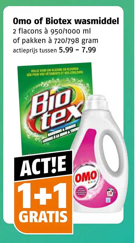 Omo of Biotex wasmiddel 1+1 gratis