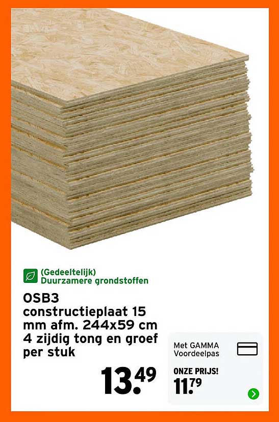 OSB3 constructieplaat 15 mm afm. 244x59 cm 4 zijdig tong en groef per stuk