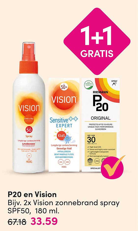 P20 en Vision Bijv. 2x Vision zonnebrand spray SPF50, 180 ml. 1+1 GRATIS