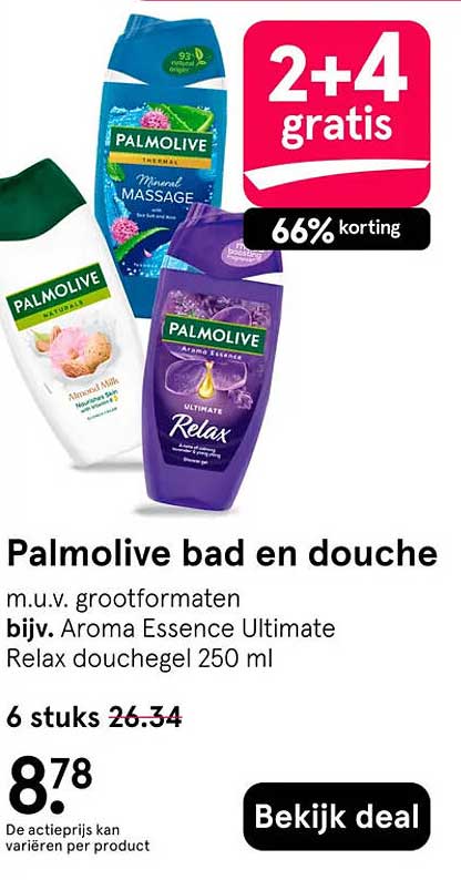 Palmolive bad en douche m.u.v. grootformaten bijv. Aroma Essence Ultimate Relax douchegel 250 ml 2+4 gratis