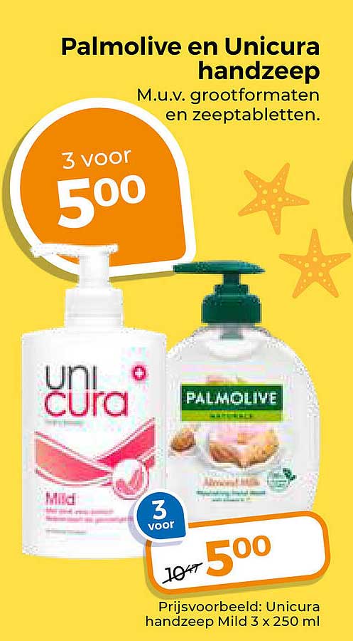 Palmolive en Unicura handzeep 3 voor 5.00