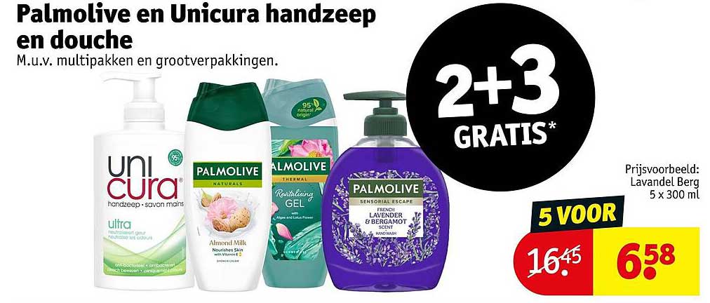 Palmolive en Unicura handzeep en douche 2+3 GRATIS*