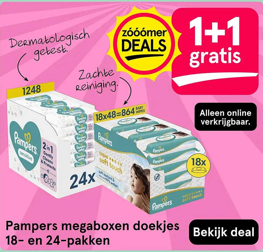 Pampers megaboxen doekjes 18- en 24-pakken 1+1 gratis