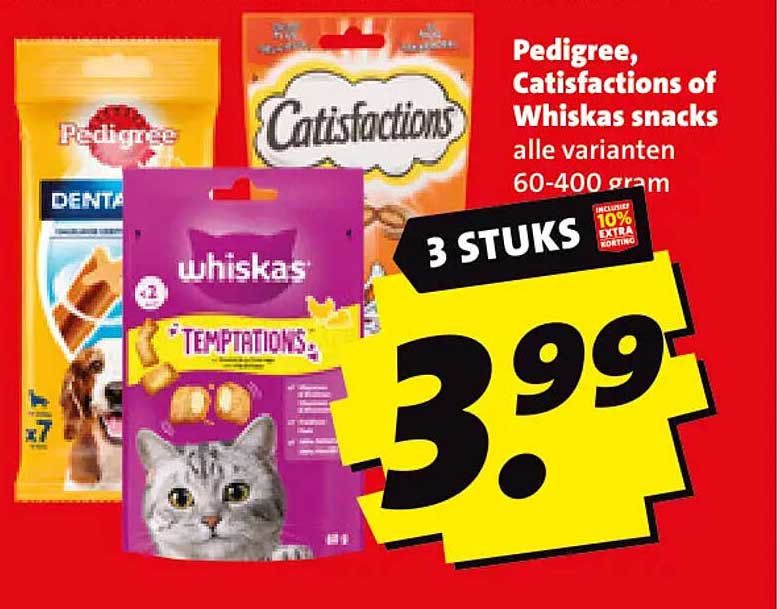 Pedigree, Catisfactions of Whiskas snacks alle varianten 60-400 gram 3 STUKS