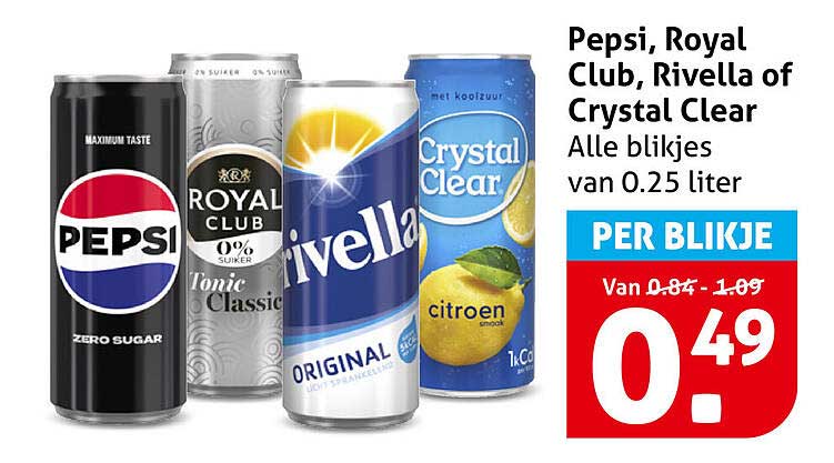 Pepsi, Royal Club, Rivella of Crystal Clear Alle blikjes van 0.25 liter PER BLIKJE