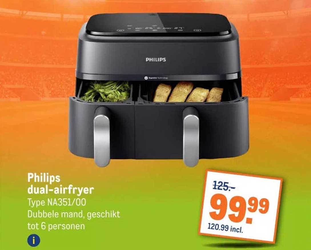 Philips dual-airfryer Type NA351/00 Dubbele mand, geschikt tot 6 personen