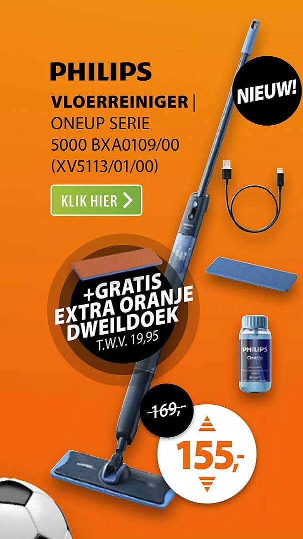PHILIPS VLOERREINIGER ONEUP SERIE 5000 BXA0109/00 (XV5113/01/00) + GRATIS EXTRA ORANJE DWEILDOEK