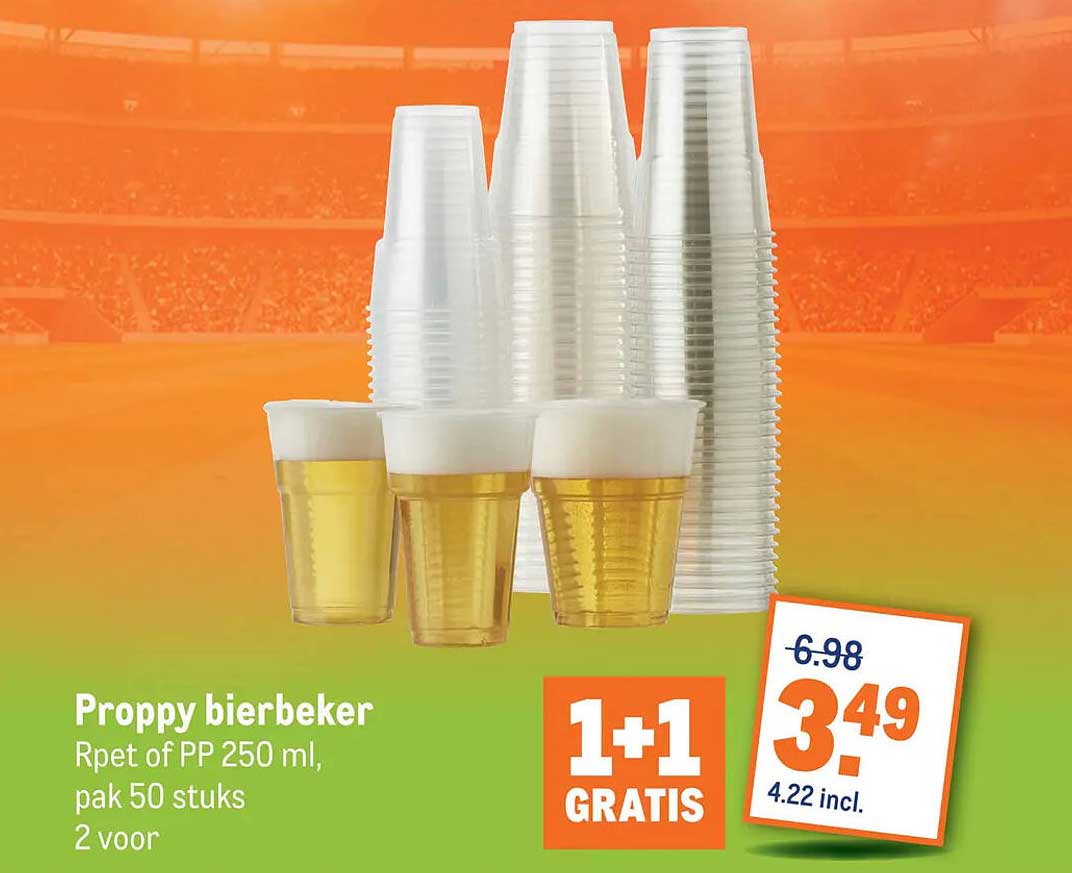 Proppy bierbeker Rpet of PP 250 ml, pak 50 stuks 2 voor 1+1 GRATIS