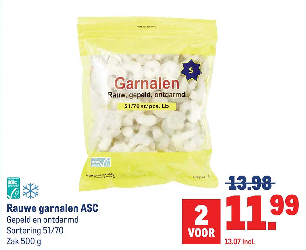 Rauwe garnalen ASC Gepeld en ontdarmd Sortering 51/70 Zak 500 g 2 voor