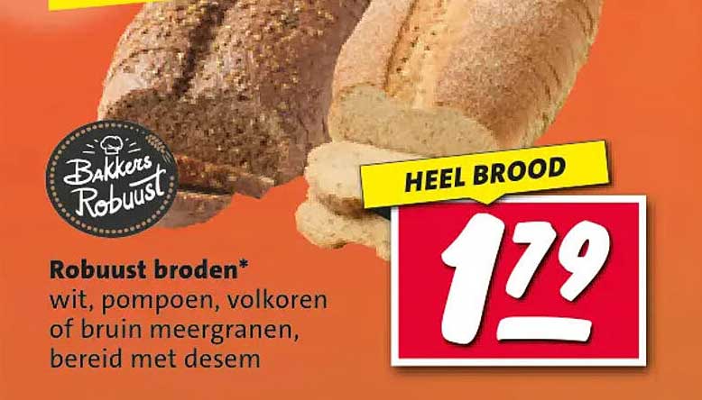 Robuust broden* wit, pompoen, volkoren of bruin meergranen, bereid met desem HEEL BROOD