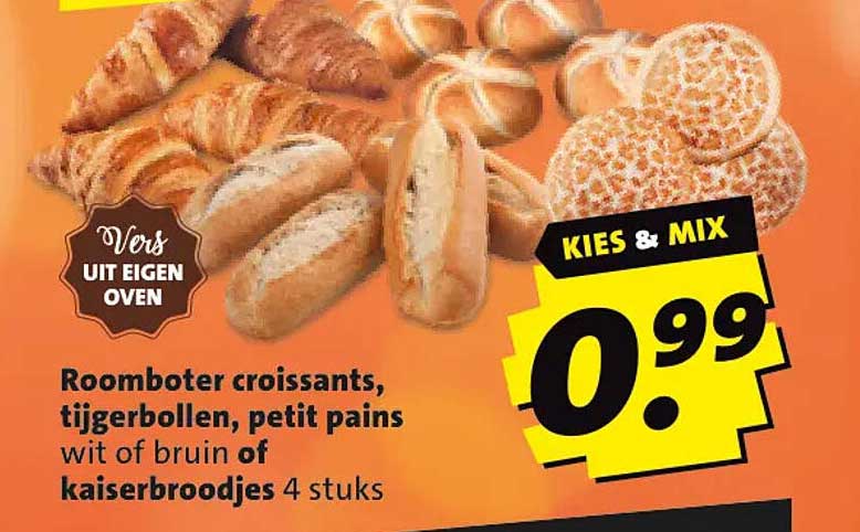 Roomboter croissants, tijgerbollen, petit pains wit of bruin of kaiserbroodjes 4 stuks KIES & MIX