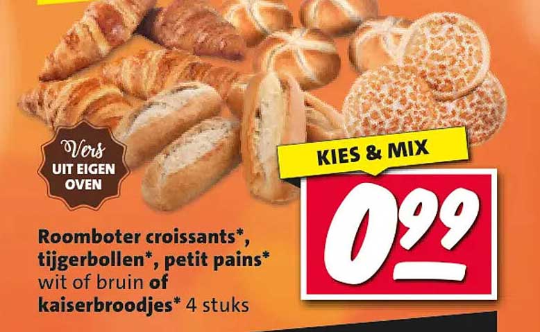 Roomboter croissants*, tijgerbollen*, petit pains* wit of bruin of kaiserbroodjes* 4 stuks KIES & MIX
