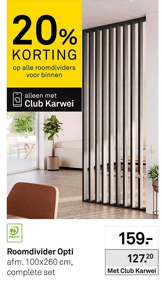 Roomdivider Opti afm. 100x260 cm, complete set 20% korting op alle roomdividers voor binnen
