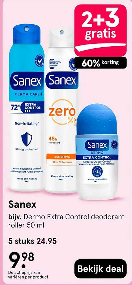 Sanex bijv. Dermo Extra Control deodorant roller 50 ml 2+3 gratis