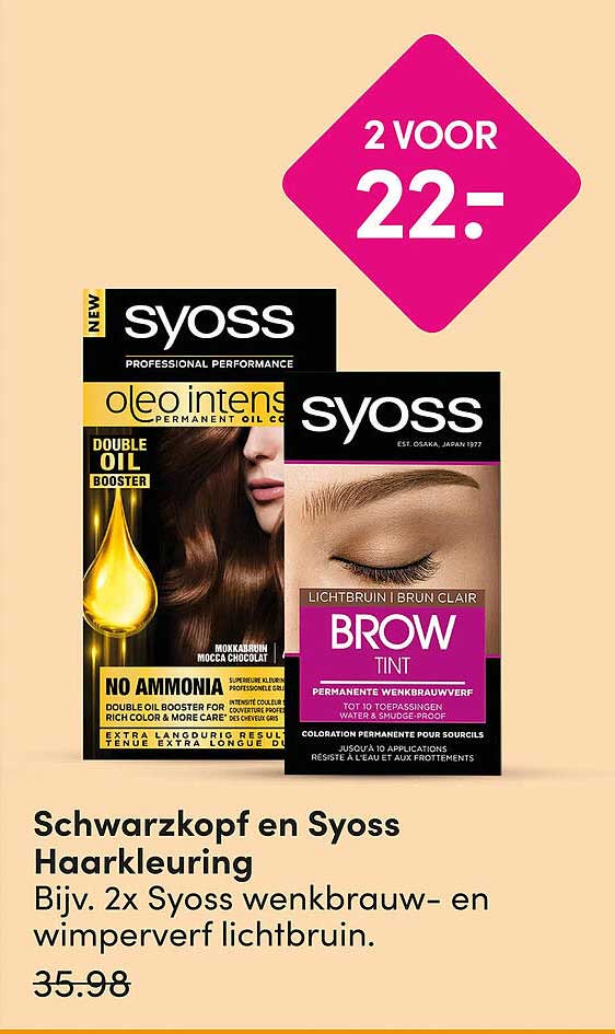 Schwarzkopf en Syoss Haarkleuring Bijv. 2x Syoss wenkbrauw- en wimperverf lichtbruin. 2 voor 22.-