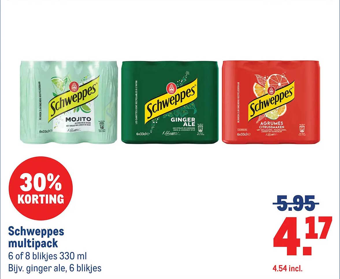 Schweppes multipack 6 of 8 blikjes 330 ml Bijv. ginger ale, 6 blikjes