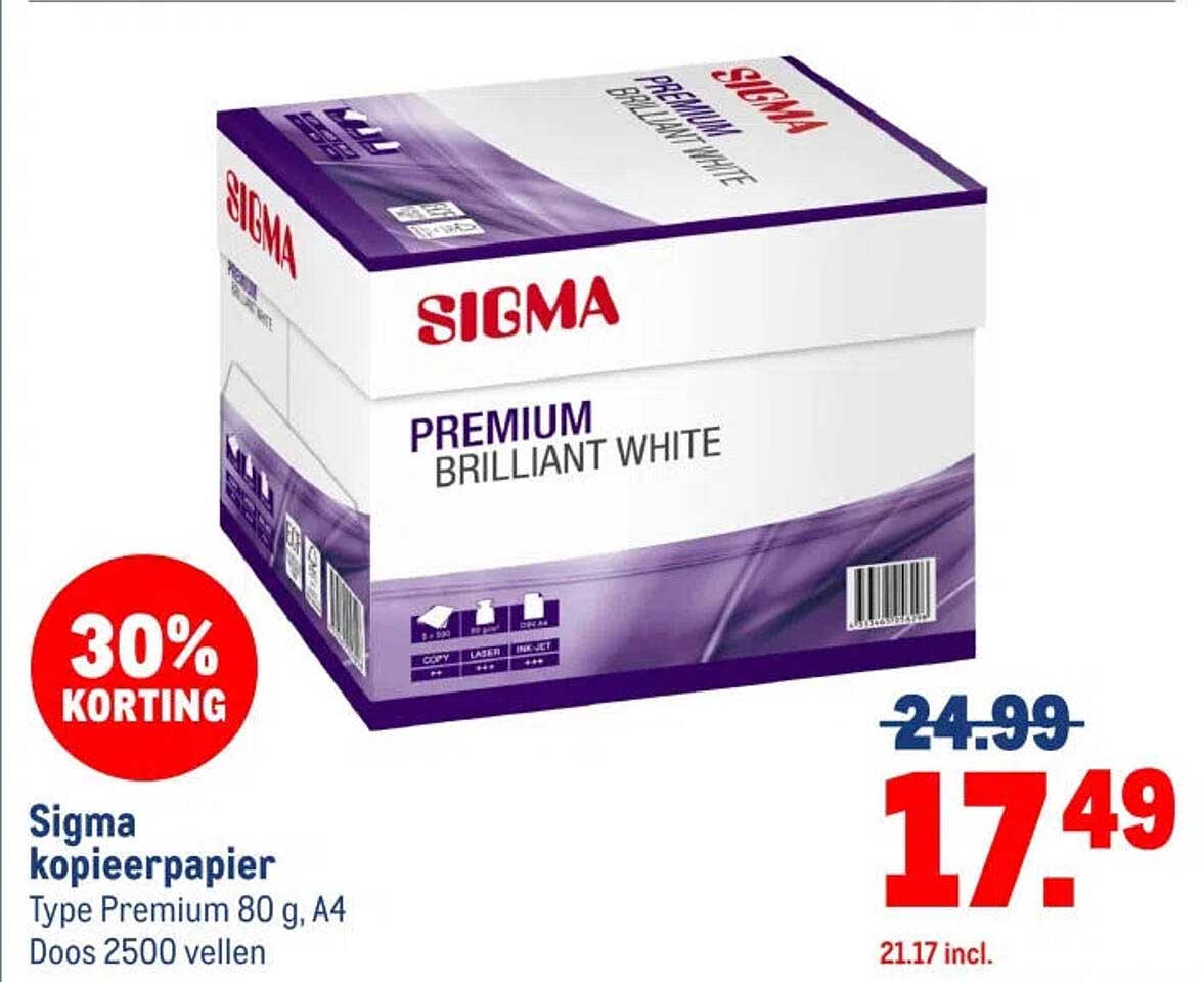 Sigma kopieerpapier Type Premium 80 g, A4 Doos 2500 vellen 30% KORTING