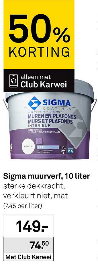 Sigma muurverf, 10 liter sterke dekkracht, verkleurt niet, mat