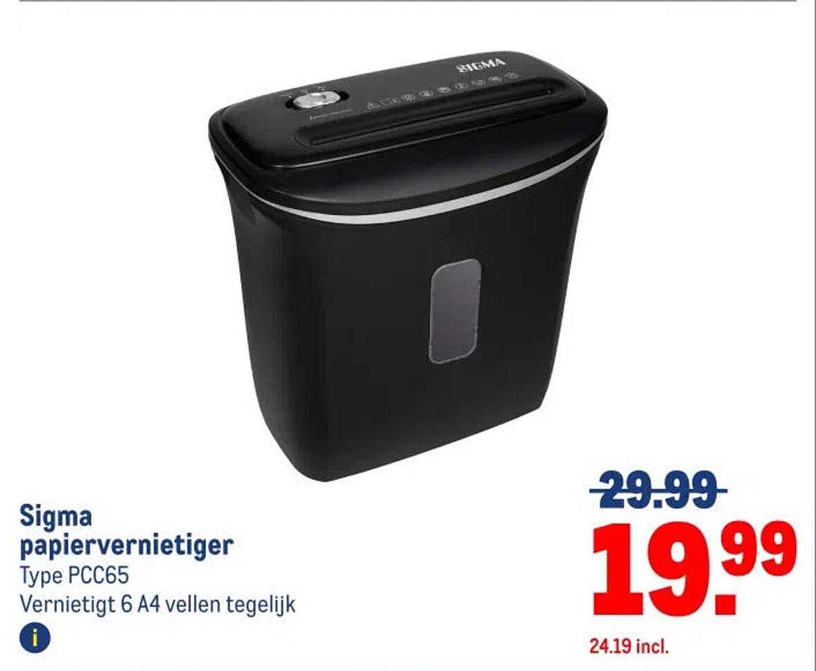 Sigma papierenvernietiger Type PCC65 Vernietigt 6 A4 vellen tegelijk