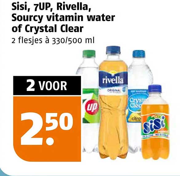 Sisi, 7UP, Rivella, Sourcy vitamin water of Crystal Clear 2 flesjes à 330/500 ml 2 voor 2,50