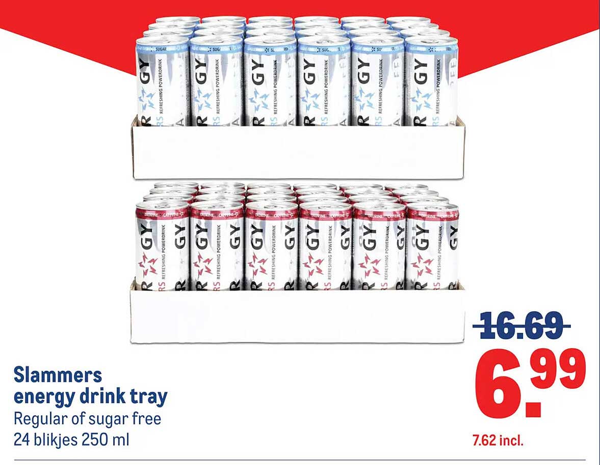 Slammers energy drink tray Regular of sugar free 24 blikjes 250 ml