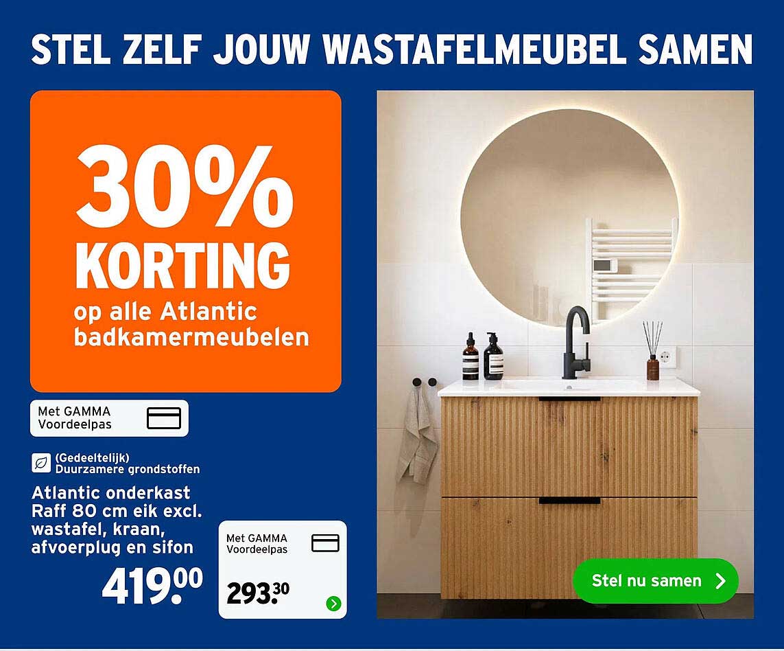 STEL ZELF JOUW WASTAFELMEBEL SAMEN 30% KORTING op alle Atlantic badkamermeubelen