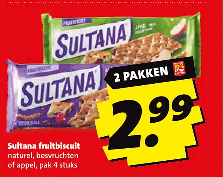 Sultana fruitbiscuit naturel, bosvruchten of appel, pak 4 stuks 2 pakken