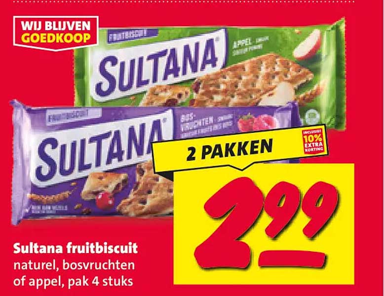 Sultana fruitbiscuit naturel, bosvruchten of appel, pak 4 stuks 2 PAKKEN