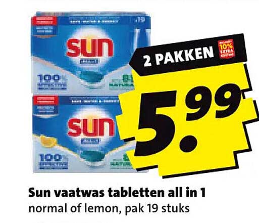 Sun vaatwas tabletten all in 1 normal of lemon, pak 19 stuks 2 pakken