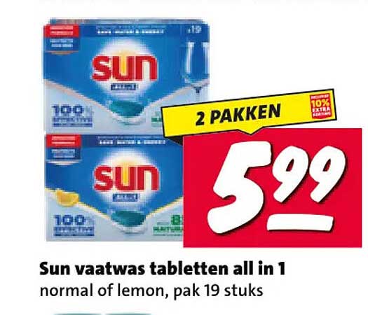 Sun vaatwas tabletten all in 1 normal of lemon, pak 19 stuks 2 pakken