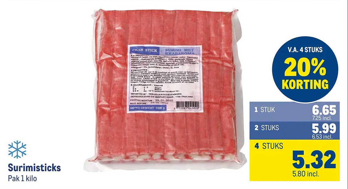 Surimisticks Pak 1 kilo V.A. 4 STUKS 20% KORTING