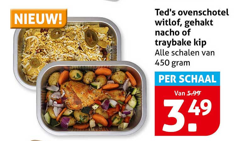 Ted's ovenschotel witlof, gehakt nacho of traybake kip