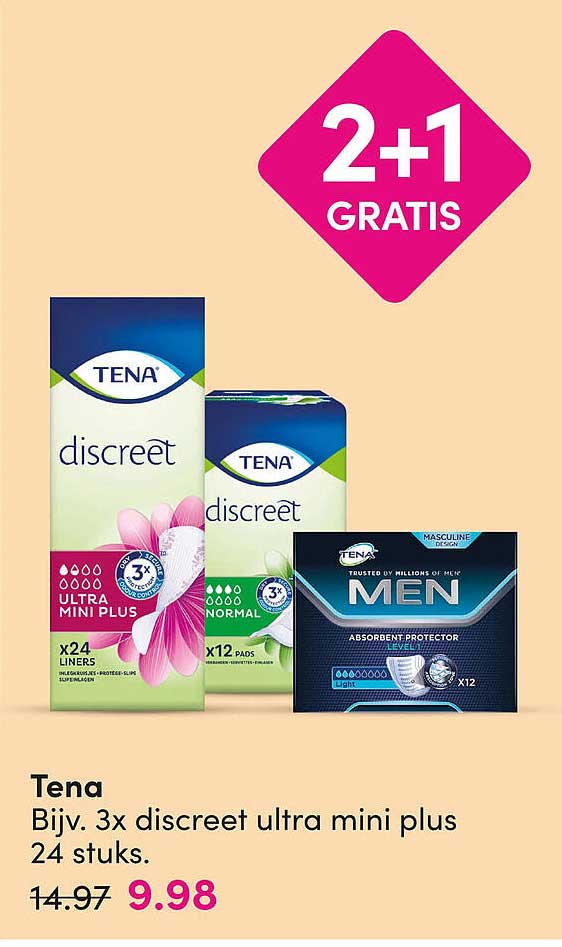 Tena Bijv. 3x discreet ultra mini plus 24 stuks 2+1 GRATIS
