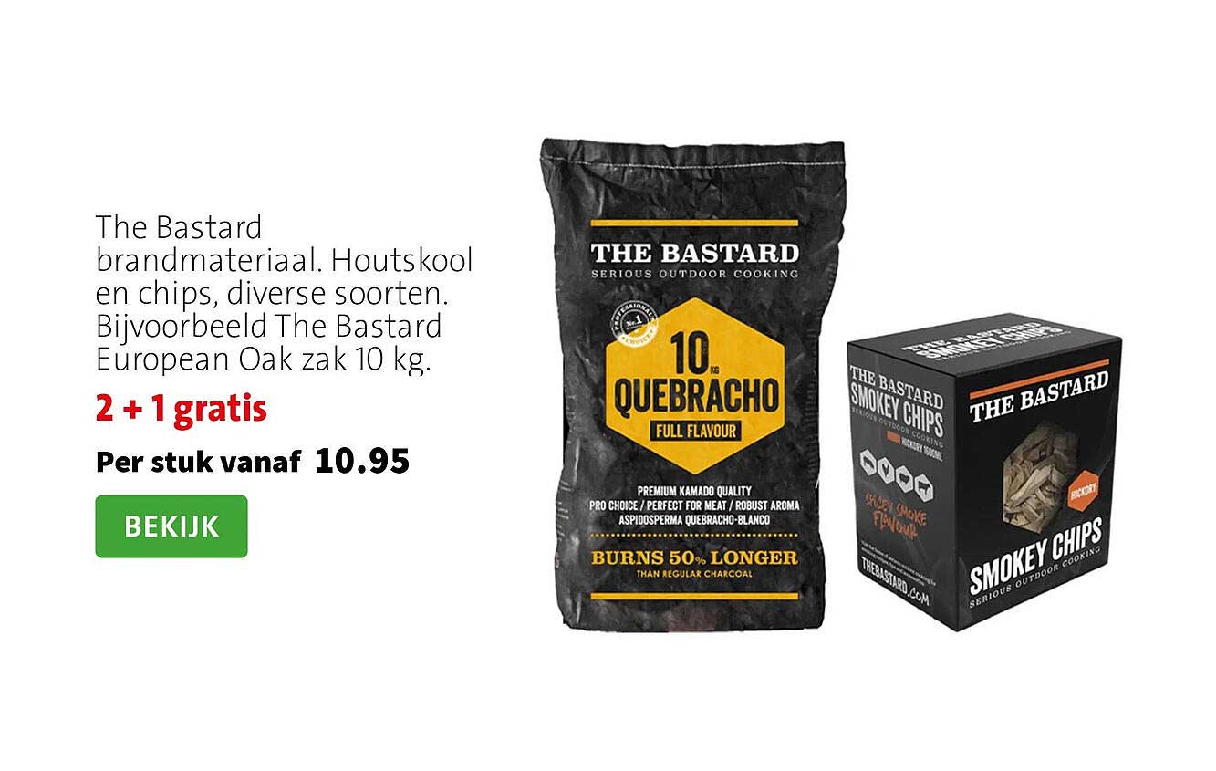 The Bastard brandmateriaal. Houtskool en chips, diverse soorten. Bijvoorbeeld The Bastard European Oak zak 10 kg. 2 + 1 gratis