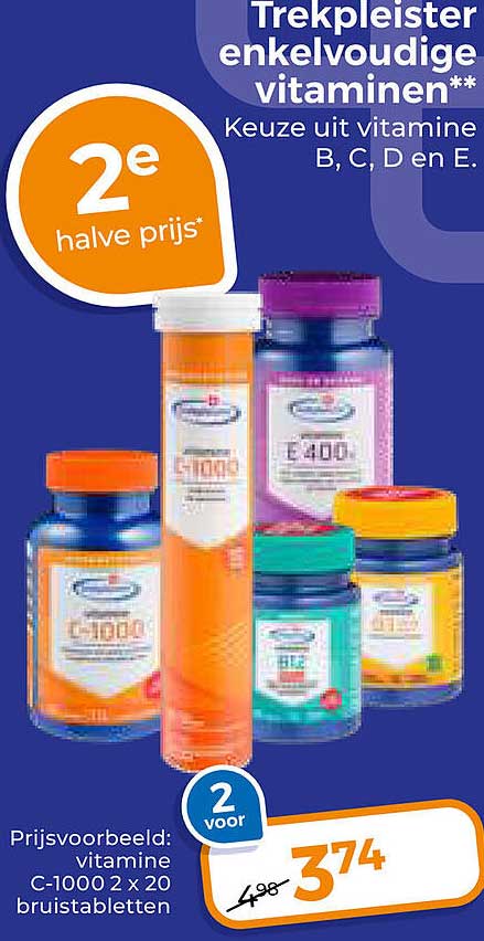 Trekpleister eenvoudige vitaminen Keuze uit vitamine B, C, D en E. 2e halve prijs