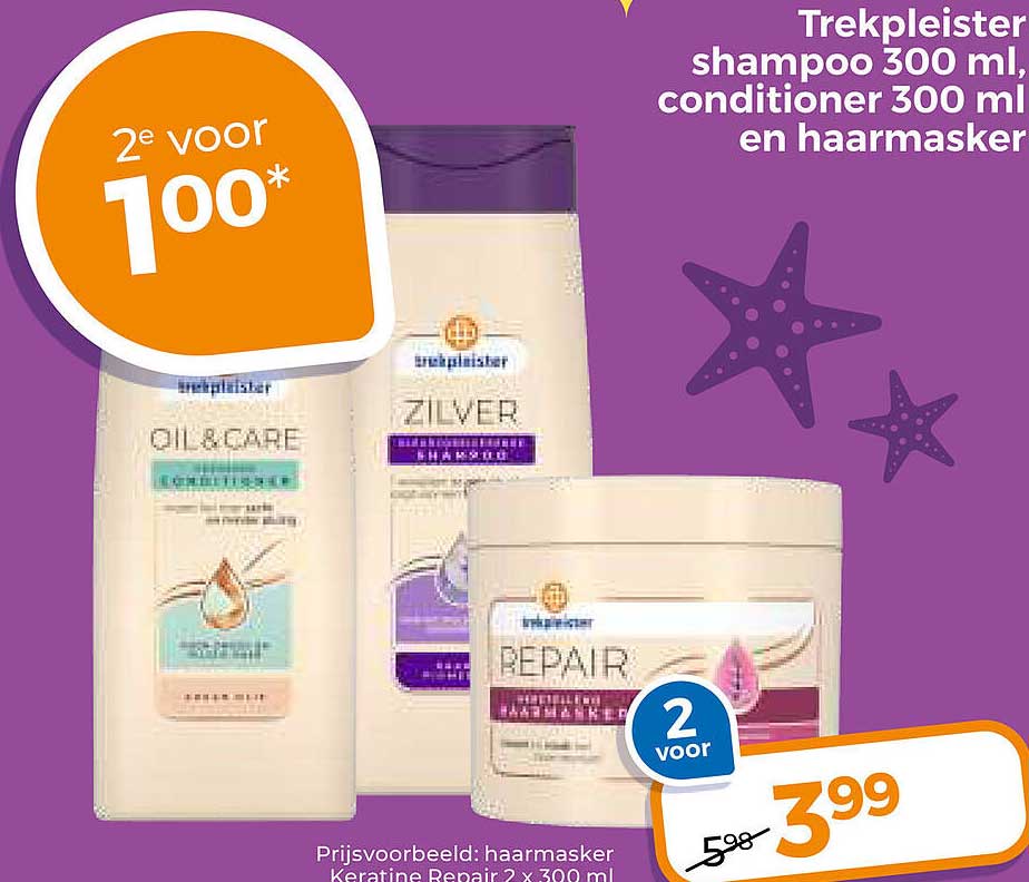 Trekpleister shampoo 300 ml, conditioner 300 ml en haarmasker 2e voor 1,00*