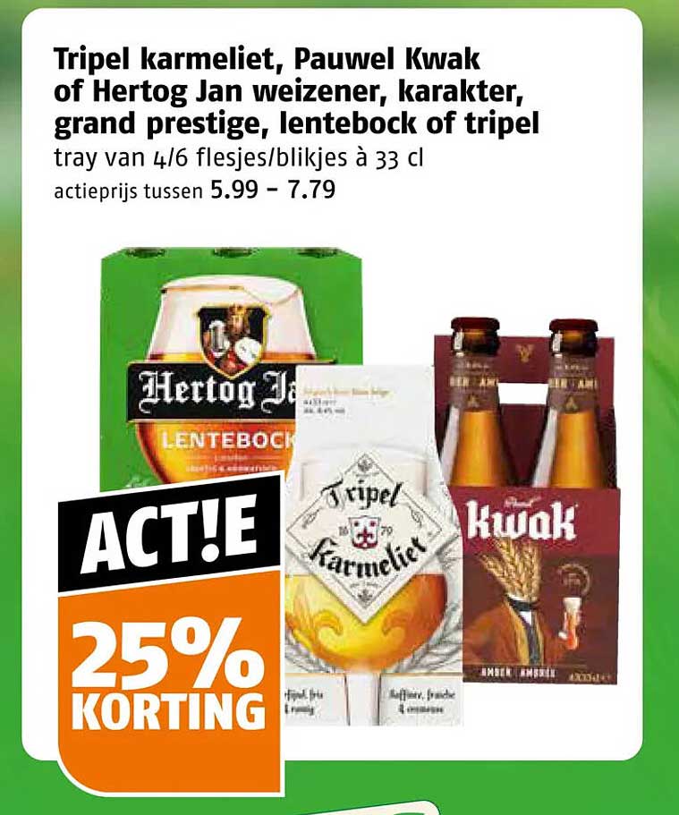 Tripel karmeliet, Pauwel Kwak of Hertog Jan weizener, karakter, grand prestige, lentebock of tripel tray van 4/6 flesjes/blikjes à 33 cl ACT!E 25% KORTING