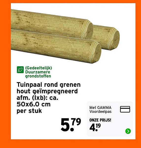 Tuinpaal rond grenen hout geïmpregneerd afm. (lxb): ca. 50x6.0 cm per stuk