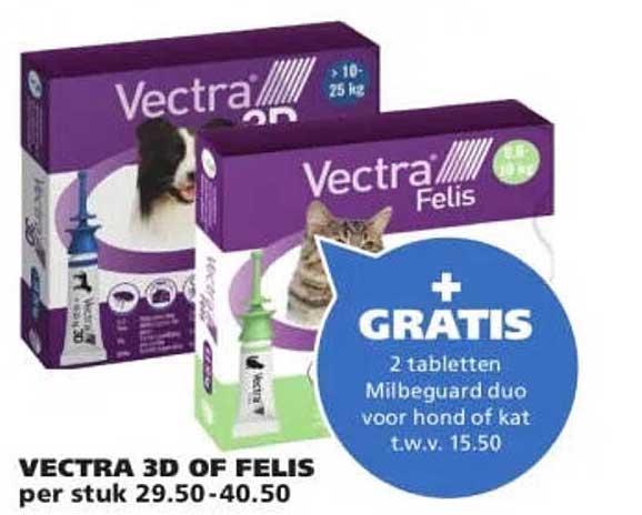 VECTRA 3D OF FELIS + GRATIS 2 tabletten Milbeguard duo voor hond of kat t.w.v. 15.50
