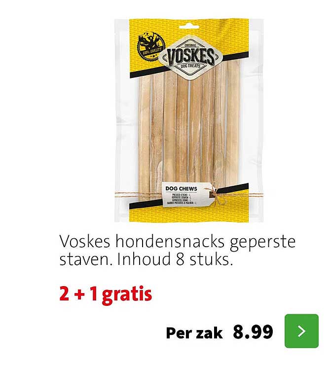Voskes hondensnacks geperste staven. Inhoud 8 stuks. 2 + 1 gratis