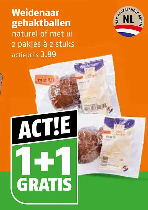 Weidenaar gehaktballen naturel of met ui 2 pakjes à 2 stuks act!e 1+1 gratis